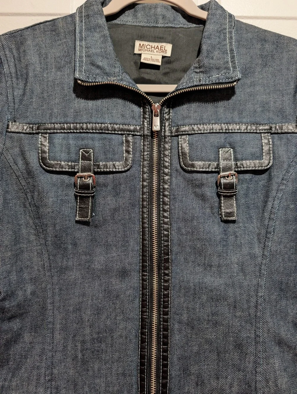 Michael Kors Denim Leather Trim Jacket Skirt Set Size L 12